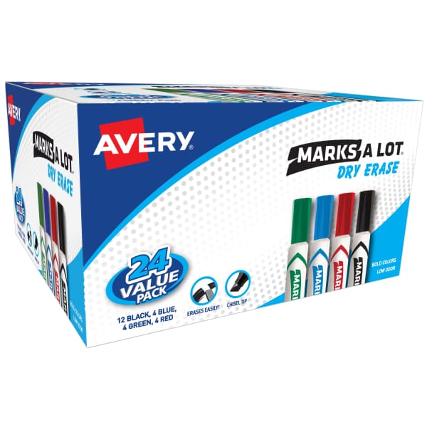 Avery(R) Marks A Lot Dry Erase Marker, Desk-Style, 24 Assorted Markers